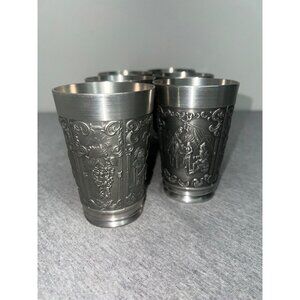 Vintage German Rein Zinn Pewter Cups Set Of 6 Intricate Grape & Medieval Design